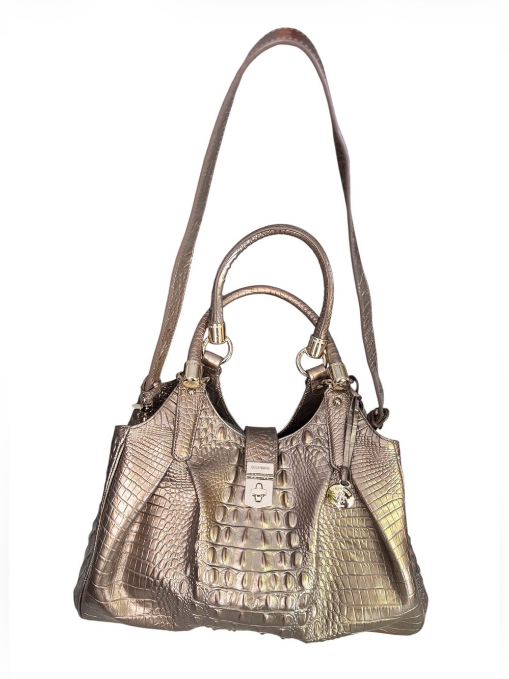 Brahmin Elisa Large Satchel β Gold Croc Embossed Leather | Gold Hardware | - Picture 3 of 17